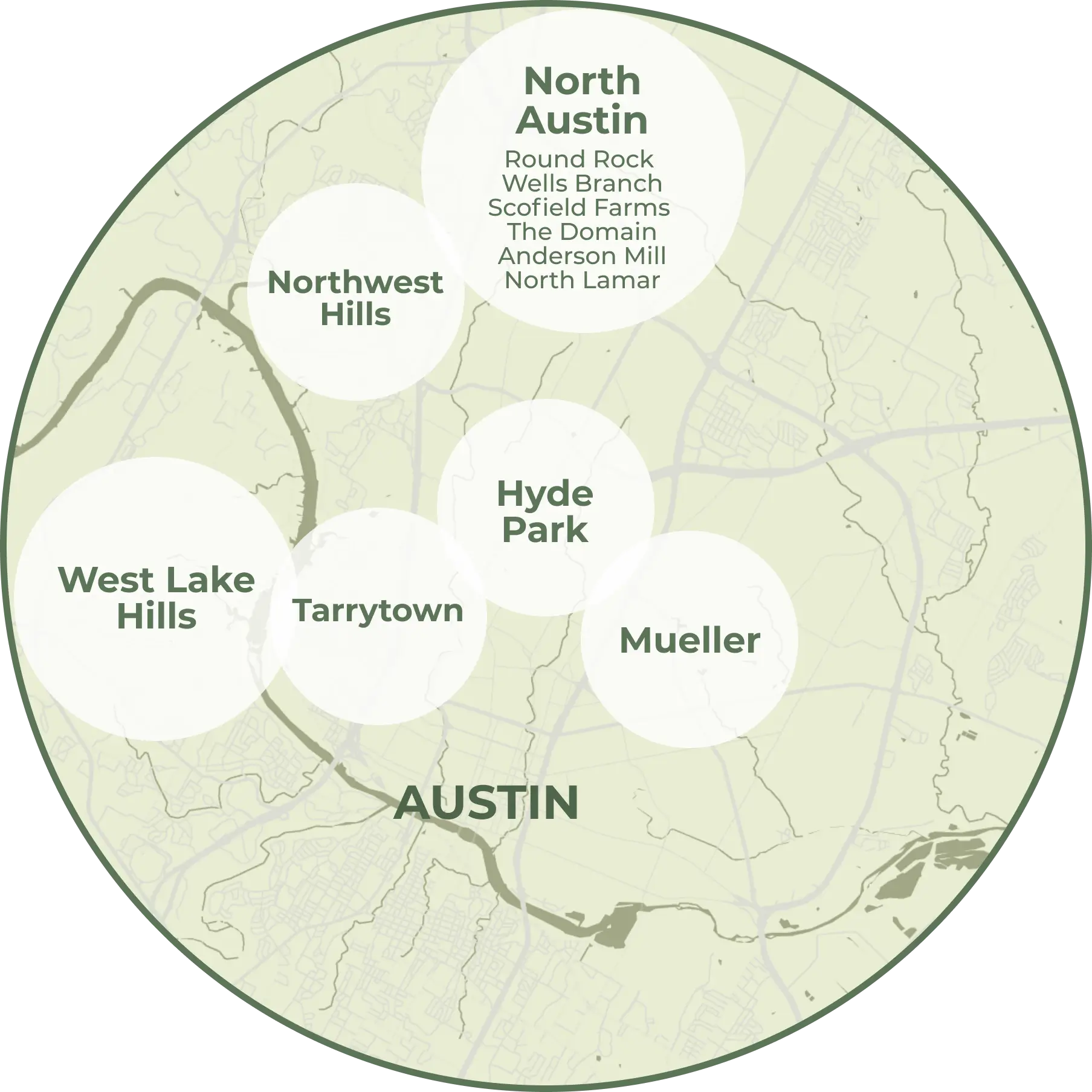 Austin map of JustFit coverage area: North Austin, Round Rock, Wells Branch, Scofield Farms, The Domain, Anderson Mill, North Lamar, Northwest Hills, Hyde Park, Mueller, Tarrytown, and West Lake Hills